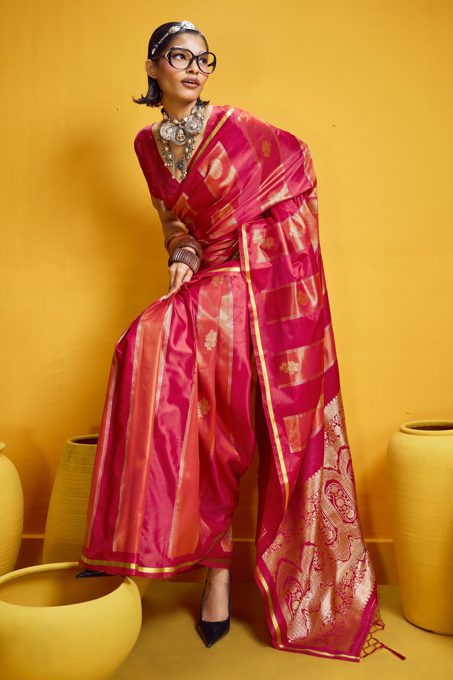 Buy MySilkLove Fire Brick Red Banarasi Handloom Satin Silk Saree Online