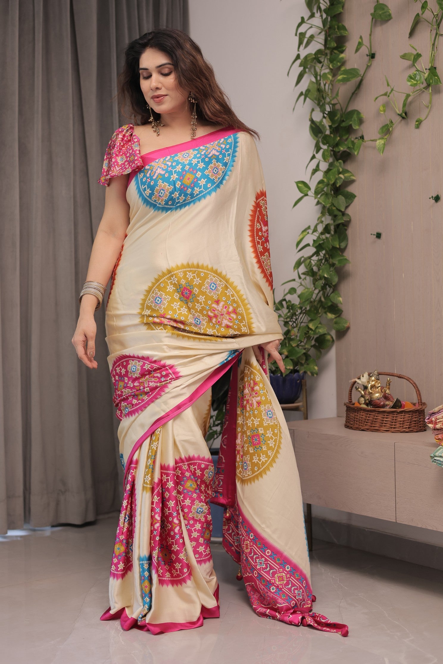 Buy MySilkLove Vanilla Cream and Pink Modal Ajrakh Printed Silk Saree Online