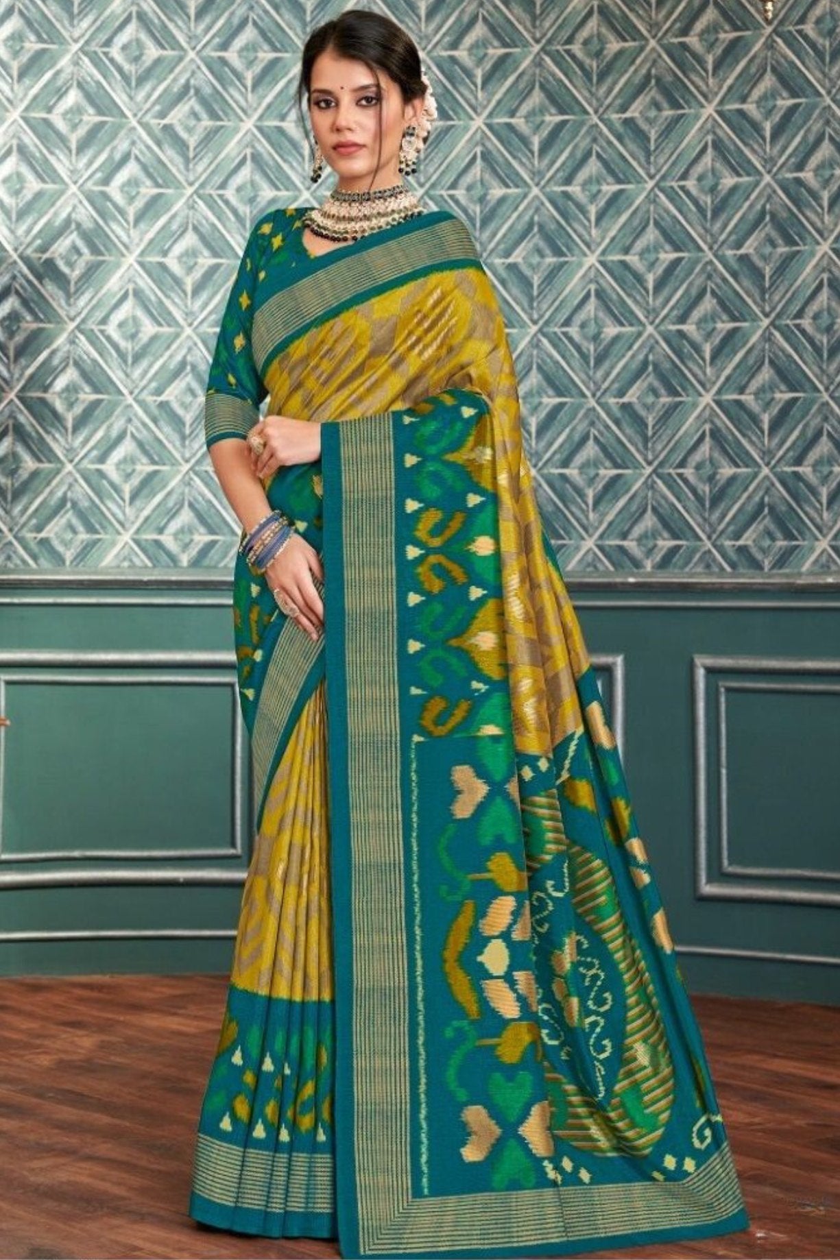 Buy MySilkLove Bright Sun Yellow and Green Ikkat Patola Silk Saree Online