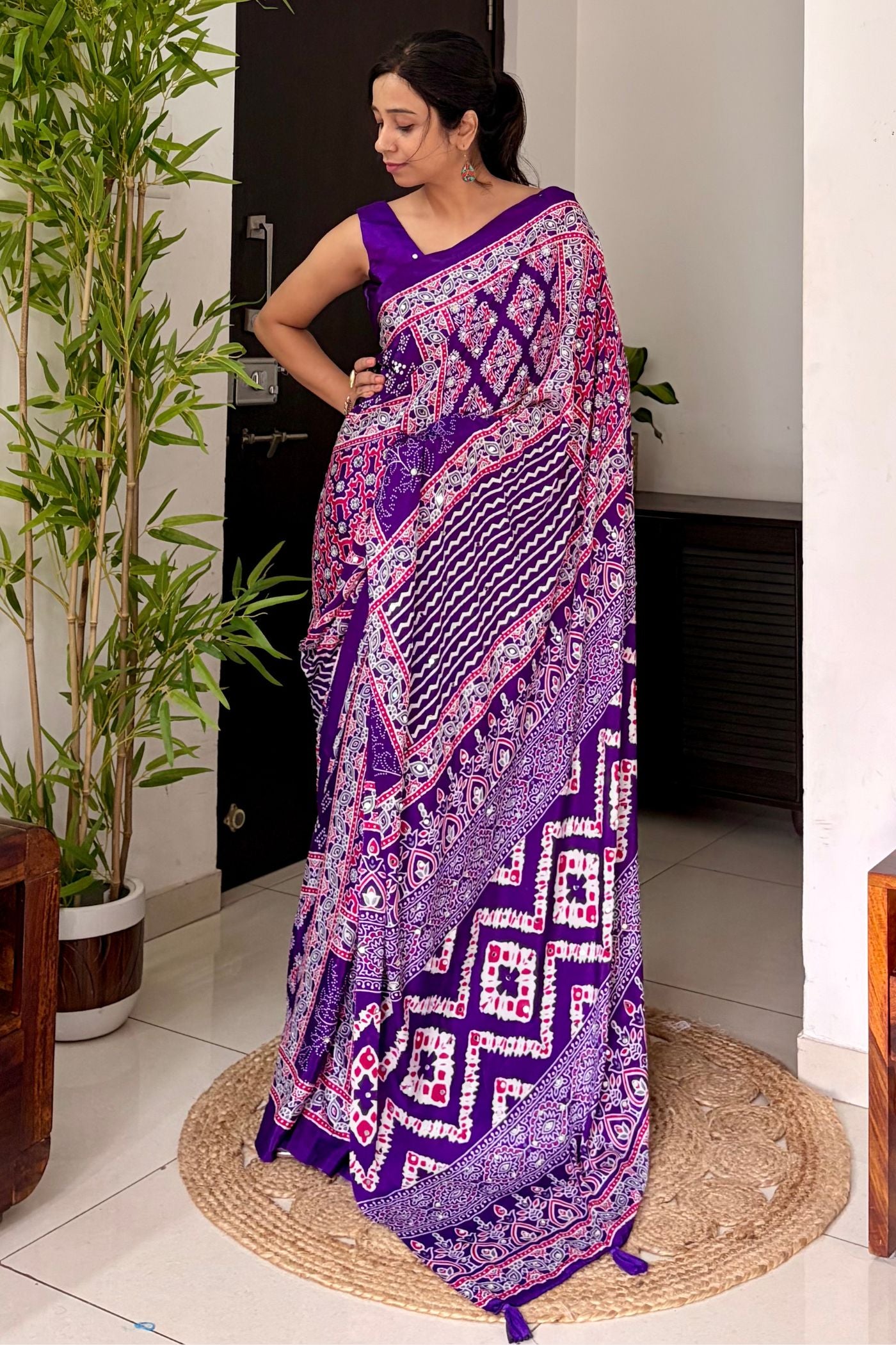 Buy MySilkLove Insolent Purple Ajrakh Satin Printed Mirror Work Saree Online