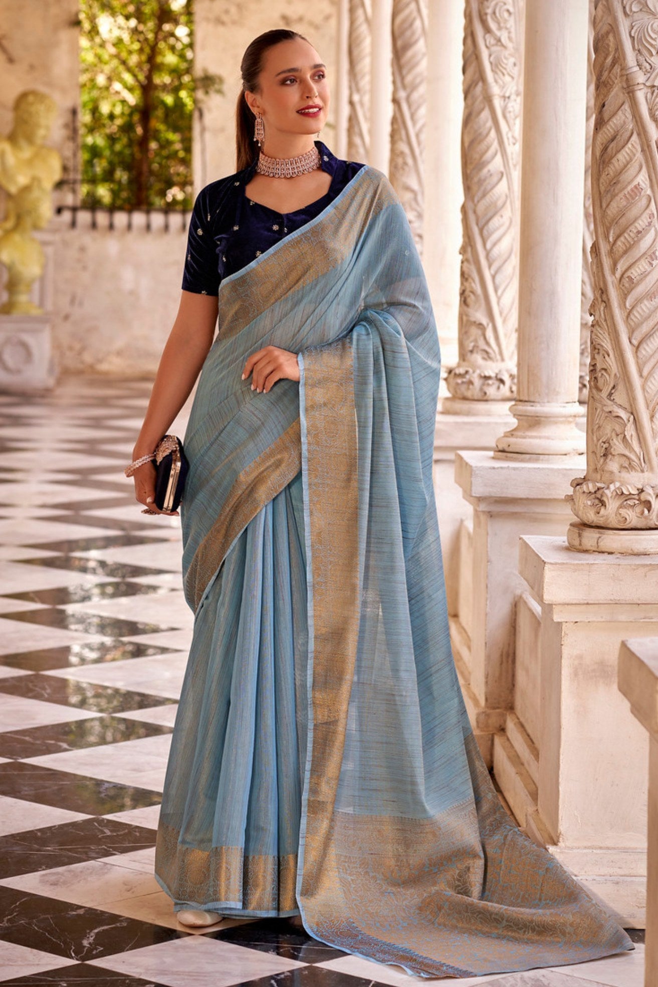 Buy MySilkLove Pale Sky Blue Zari Woven Linen Saree Online