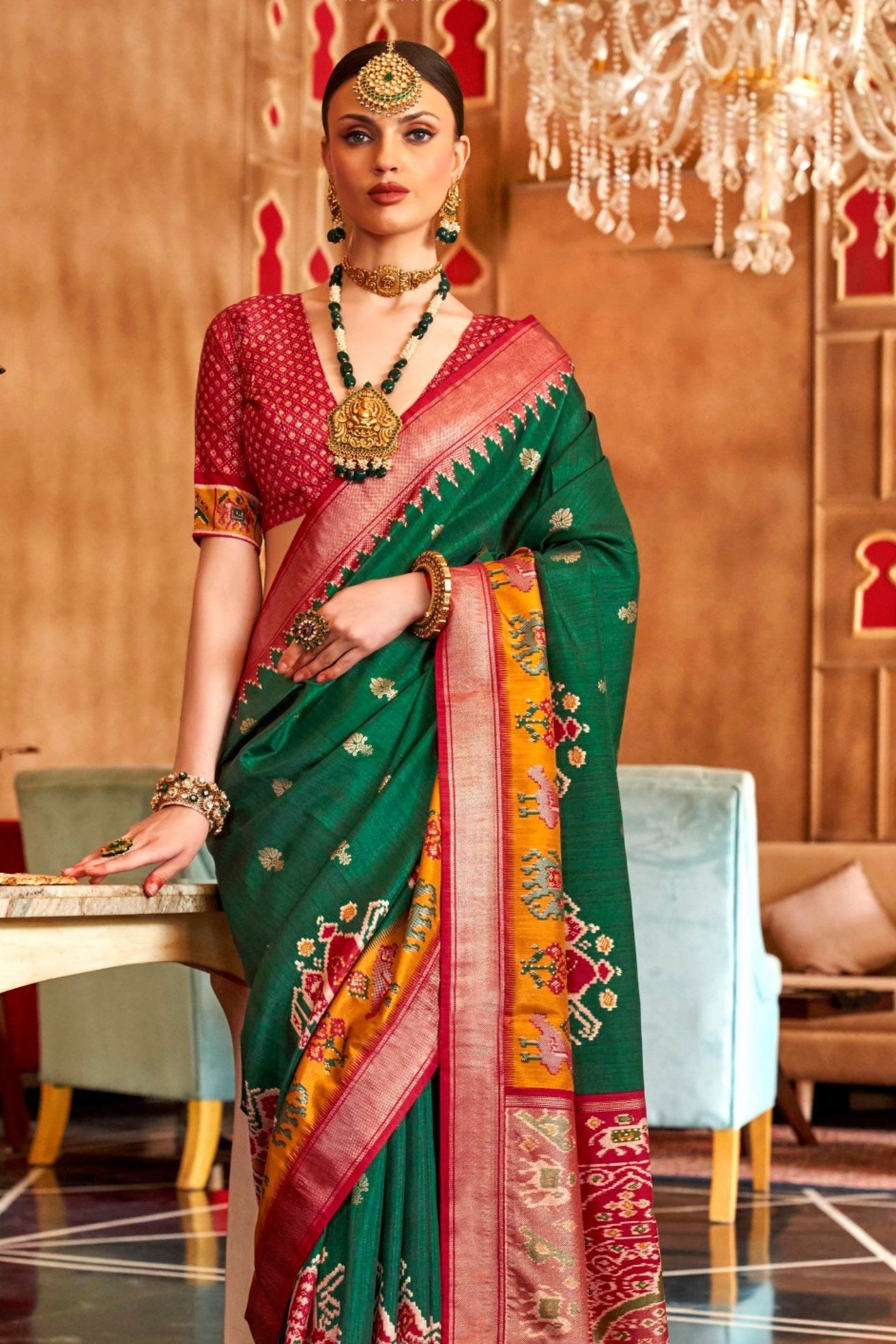 Buy MySilkLove Dark Leaf Green Printed Patola Saree Online