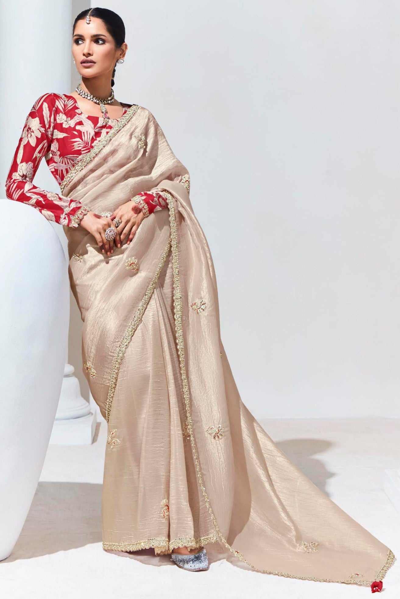 Buy MySilkLove Vanila Cream Tissue Organza Designer Partywear Saree Online