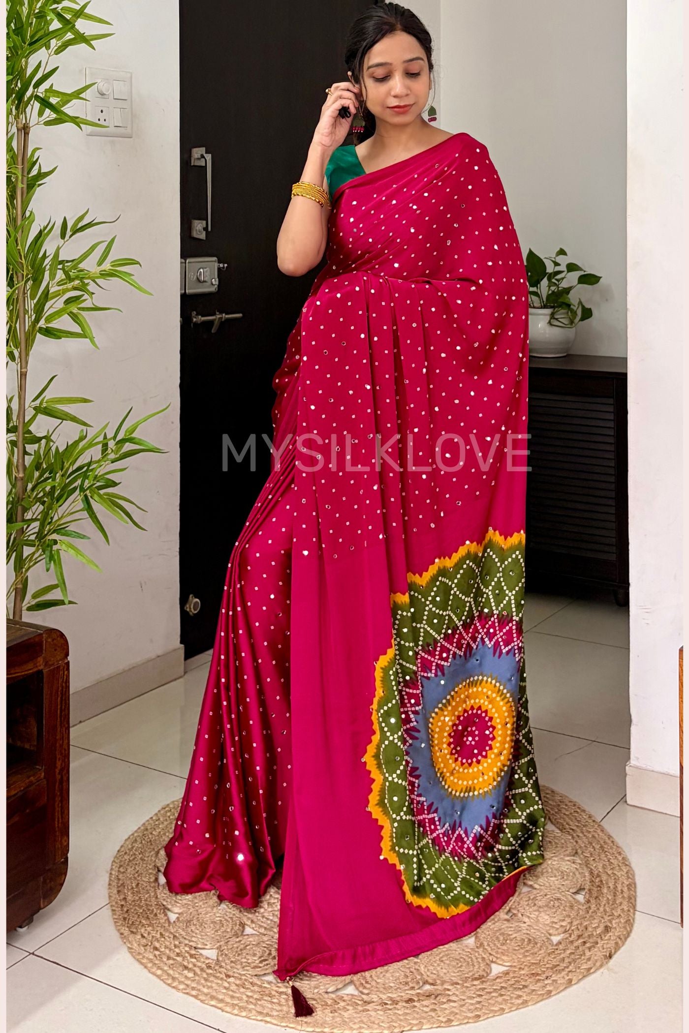 Buy MySilkLove Rosewood Pink Bandhani Satin Mirror Work Saree Online
