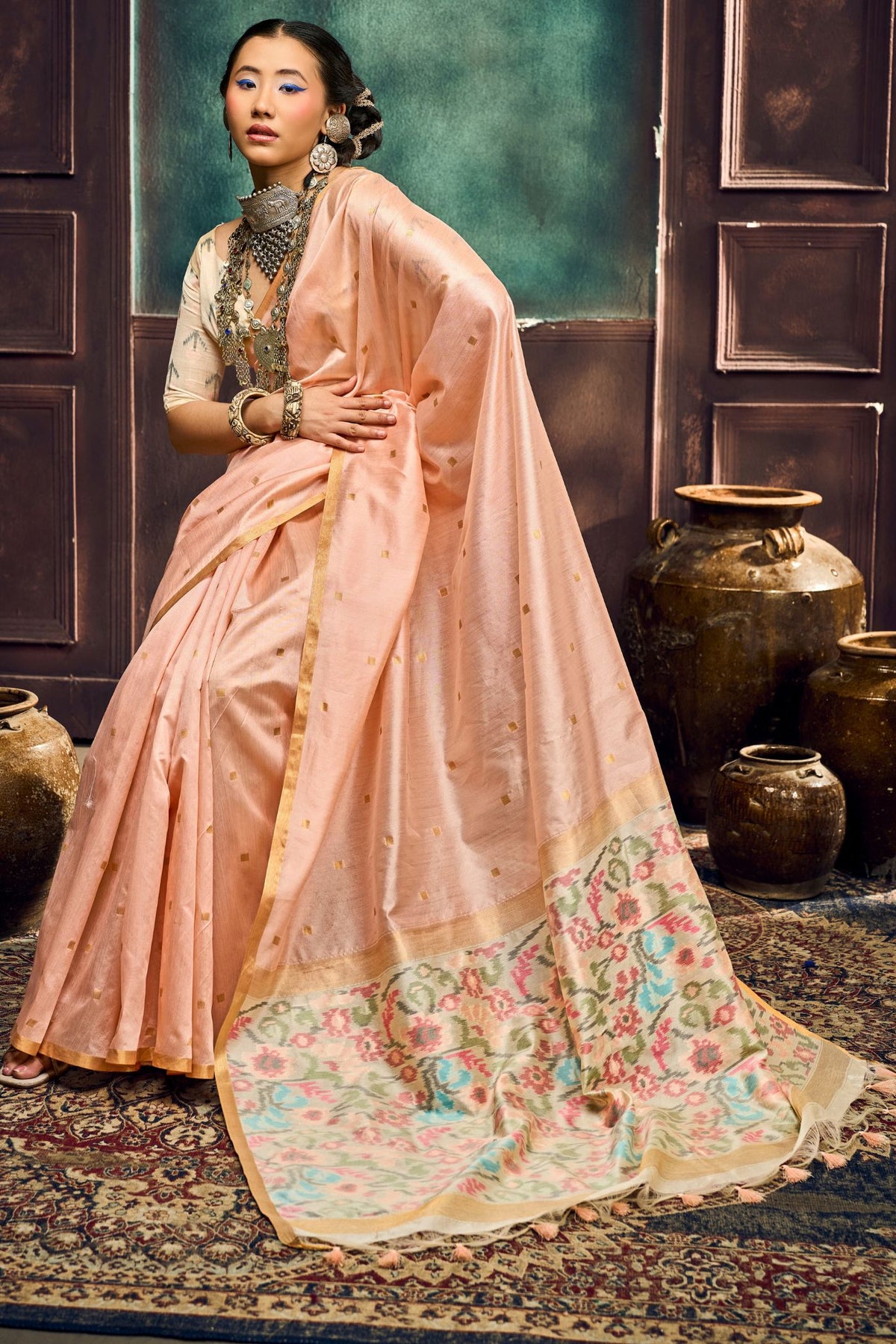 Buy MySilkLove Plum Rose Peach Handloom Silk Saree Online
