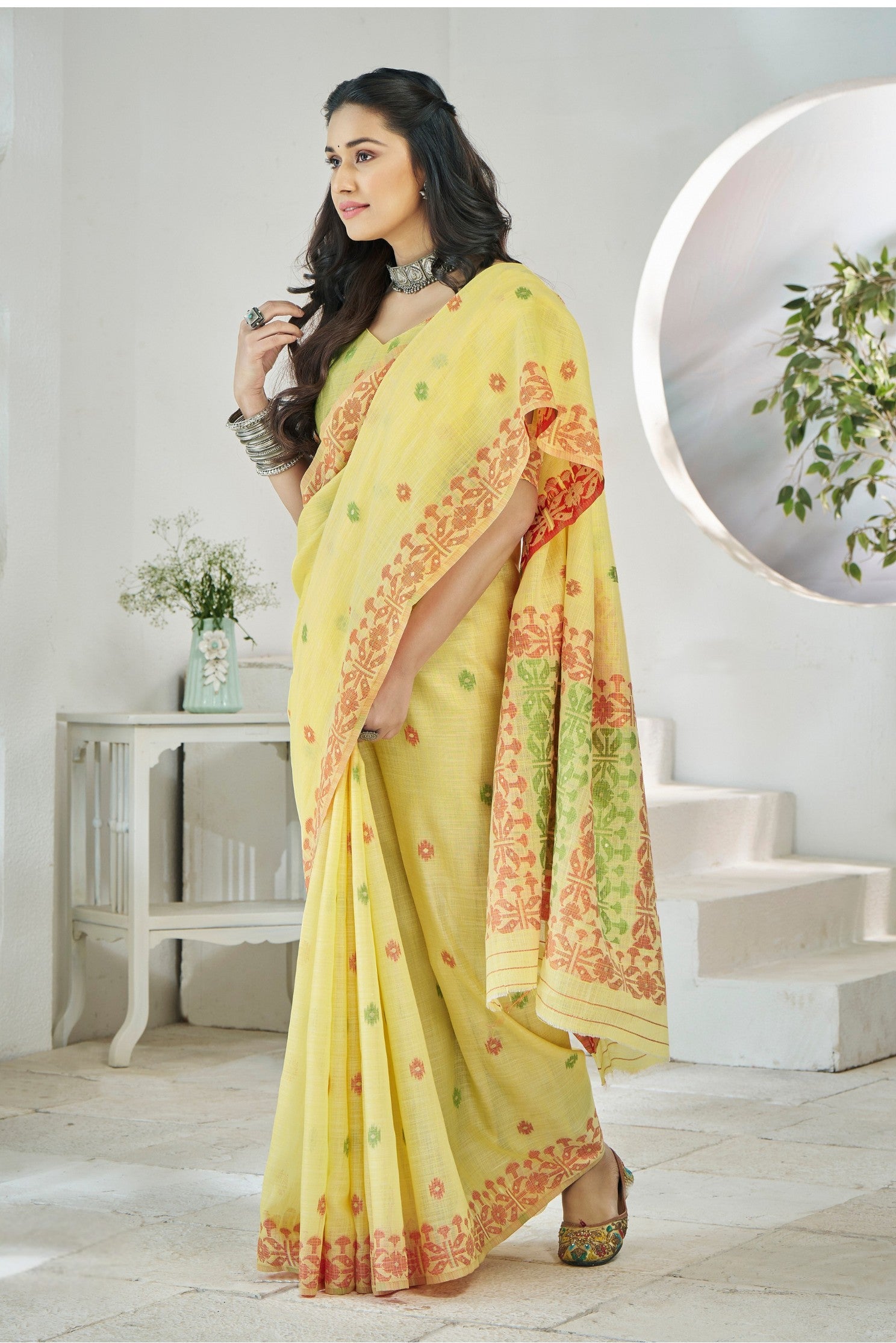 Buy MySilkLove Laser Yellow Woven Linen Saree Online