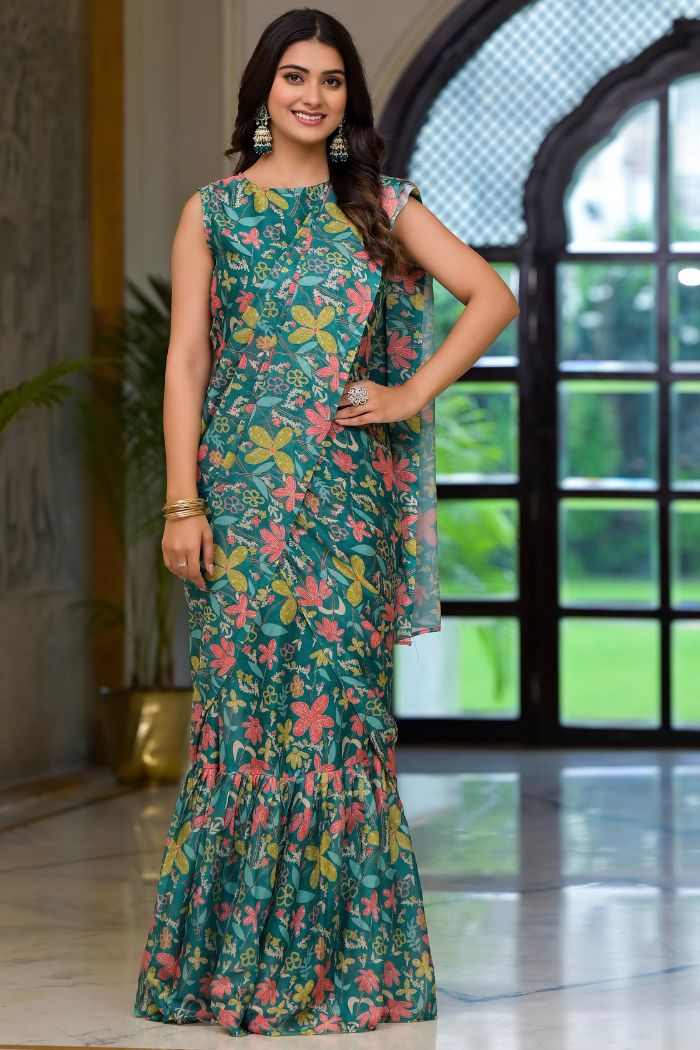 Buy MySilkLove Summer Green Ready To Wear Gown Style Georgette Saree Online