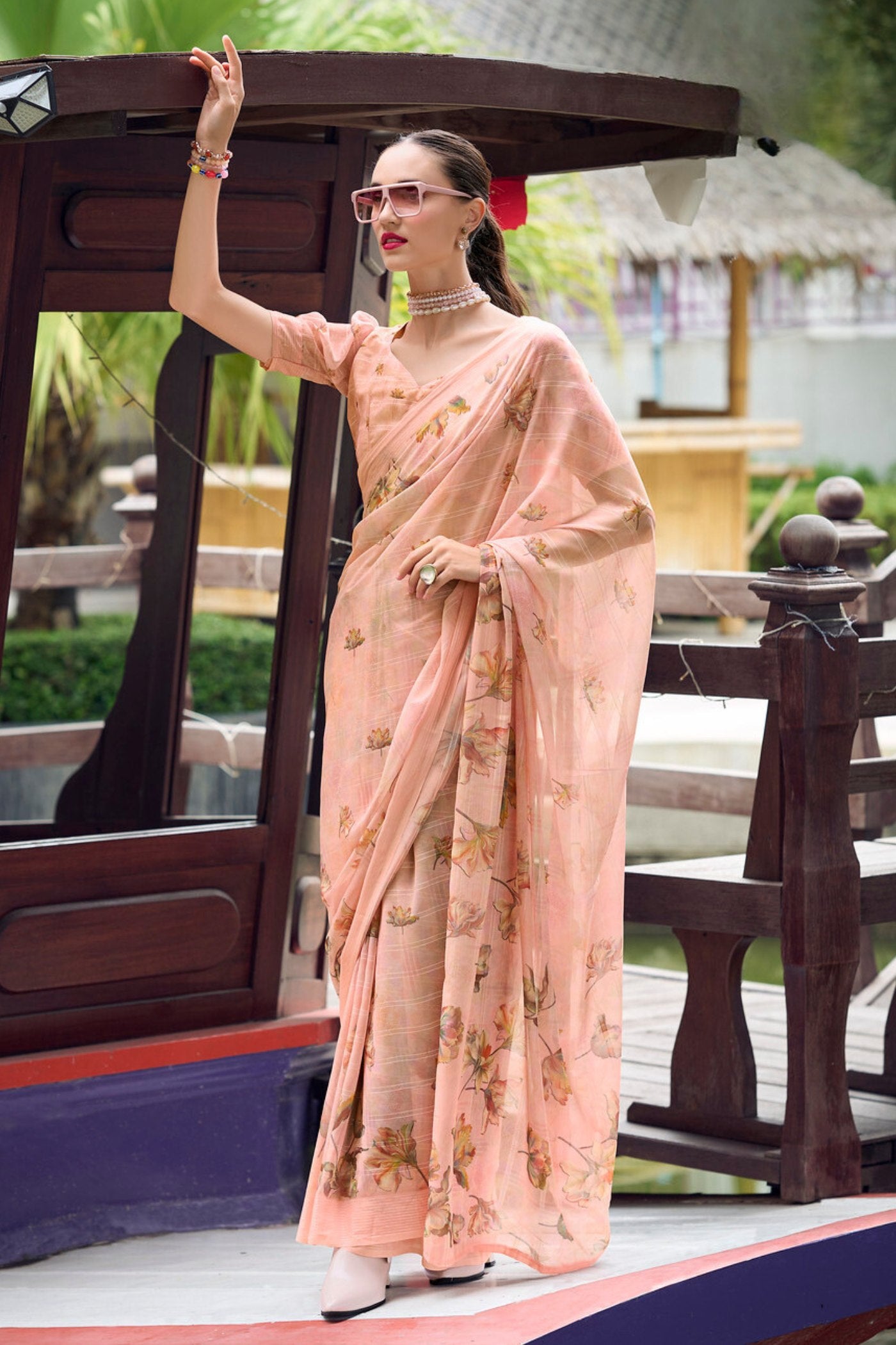 Buy MySilkLove Wax Flower Peach Chiffon Silk Saree Online