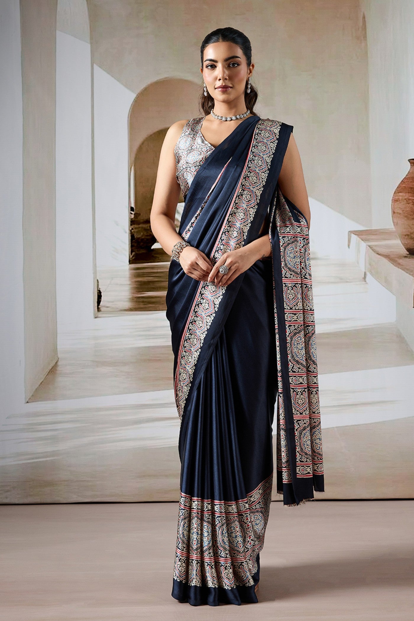 Buy MySilkLove Grease Black Ajrakh Printed Satin Crepe Silk Saree Online