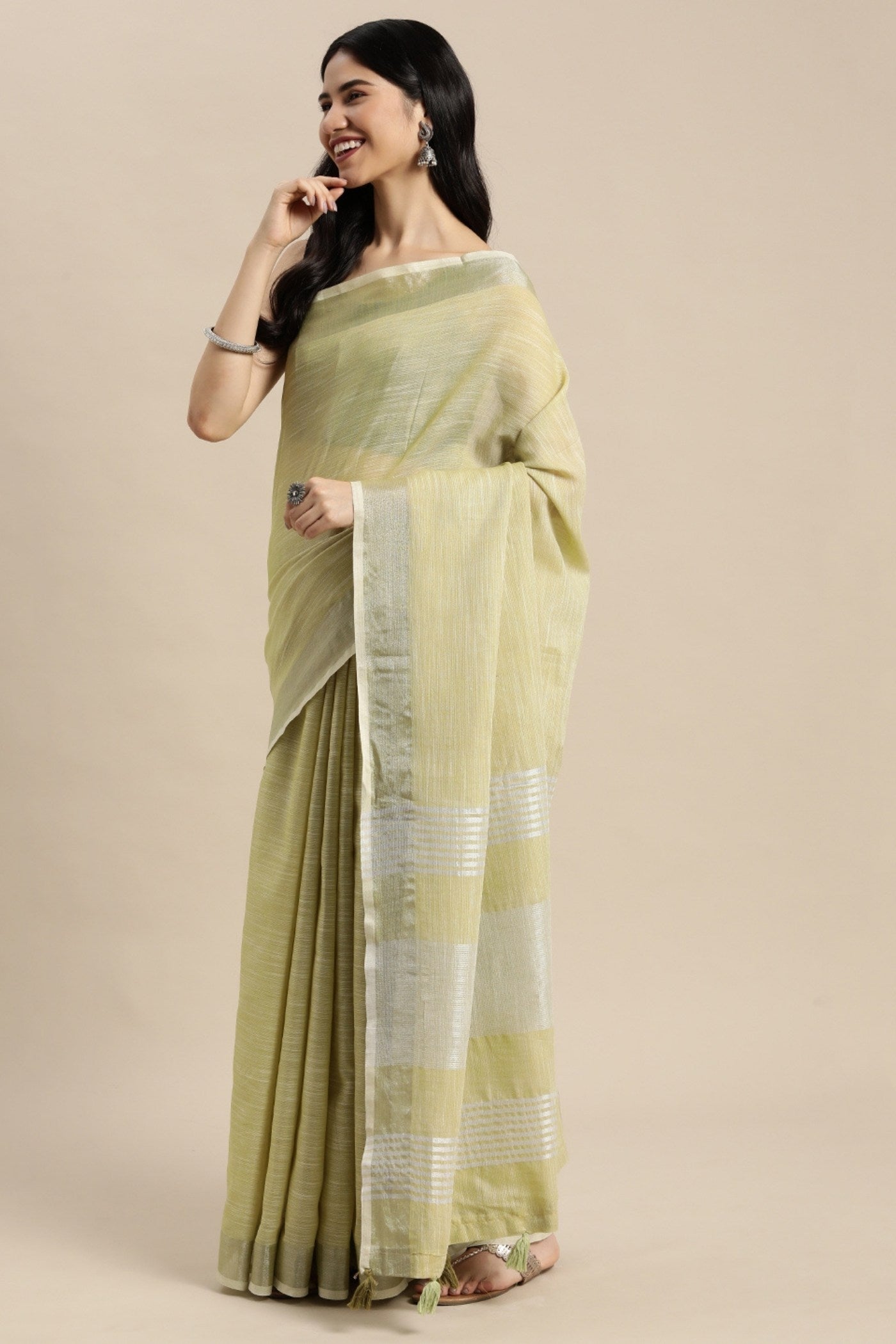 Buy MySilkLove Pista Green Woven Linen Cotton Saree Online