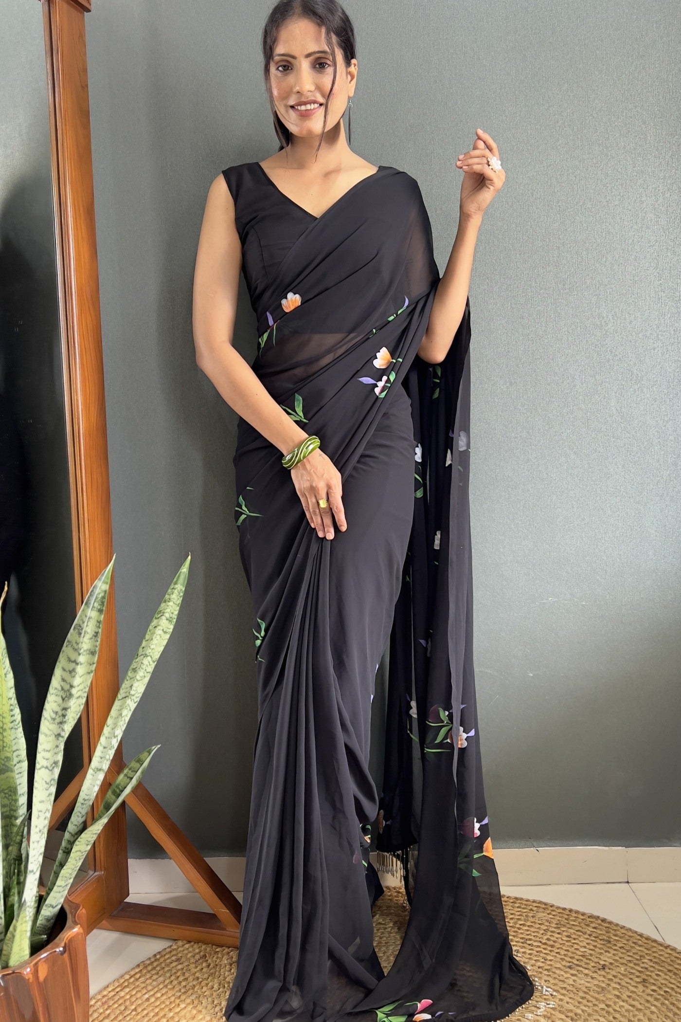 Buy MySilkLove Coral Black Hand Painted Georgette Saree Online