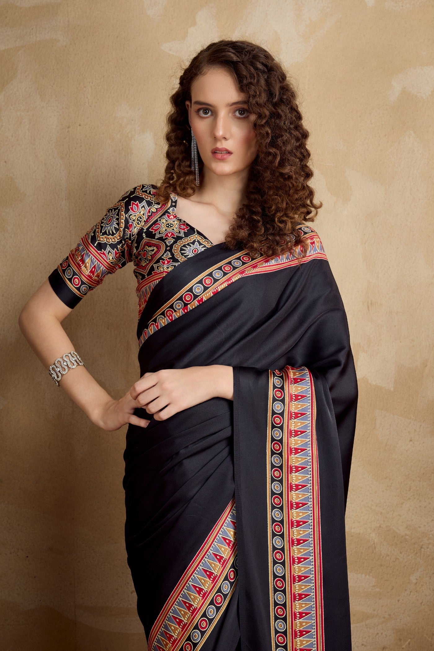 MySilkLove Soot Black Ajrakh Printed Satin Crepe Silk Saree