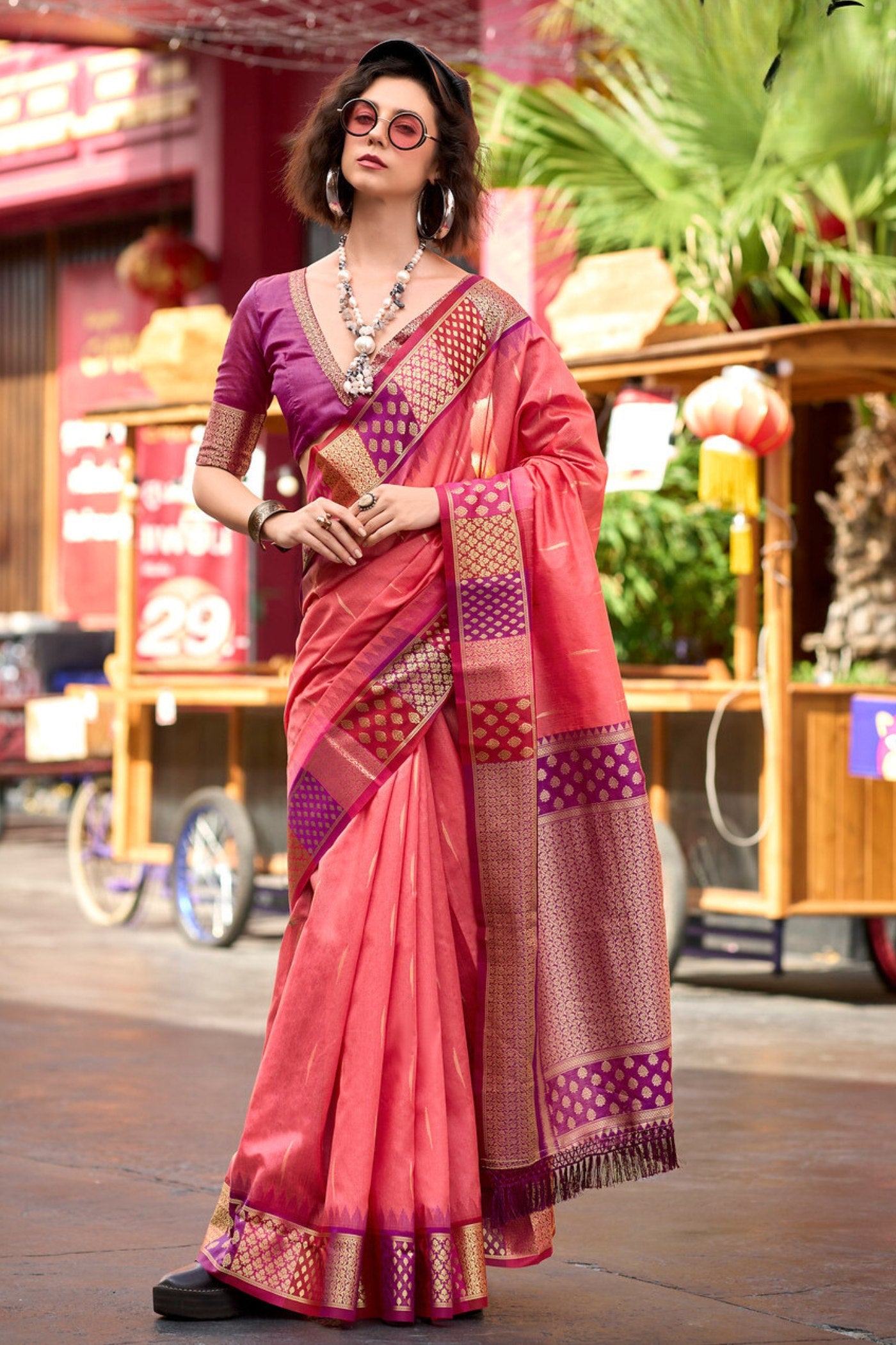 Buy MySilkLove Rose Pearl Peach Woven Banarasi Saree Online