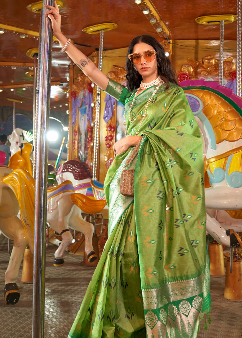 Buy MySilkLove Peridot Green Handloom Banarasi Silk Saree Online