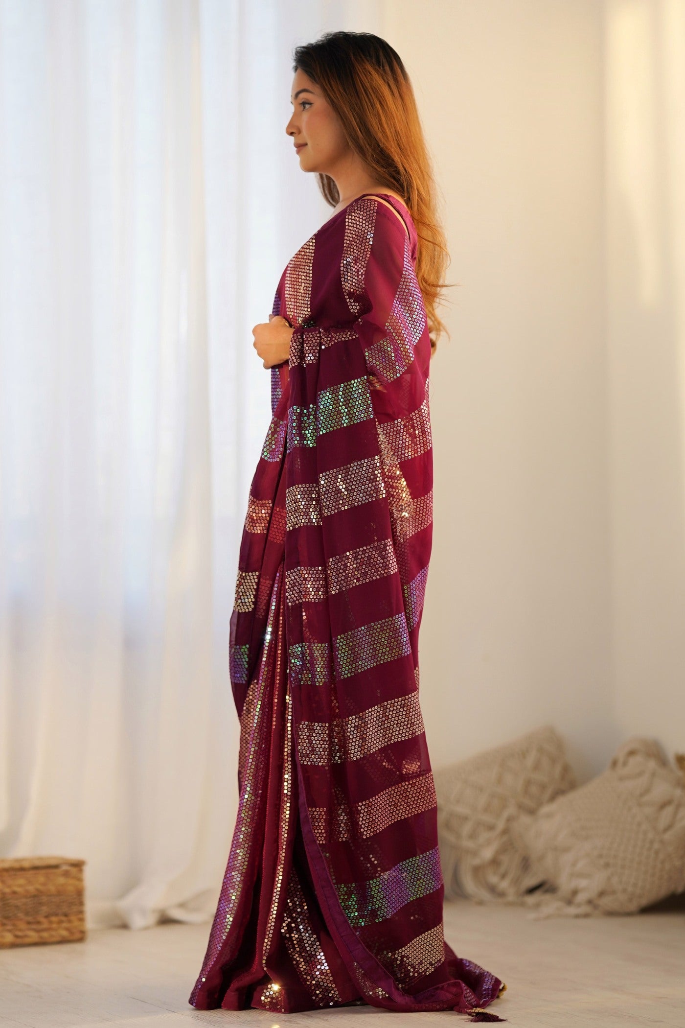 Buy MySilkLove Wine Maroon Georgette Partywear Saree Online