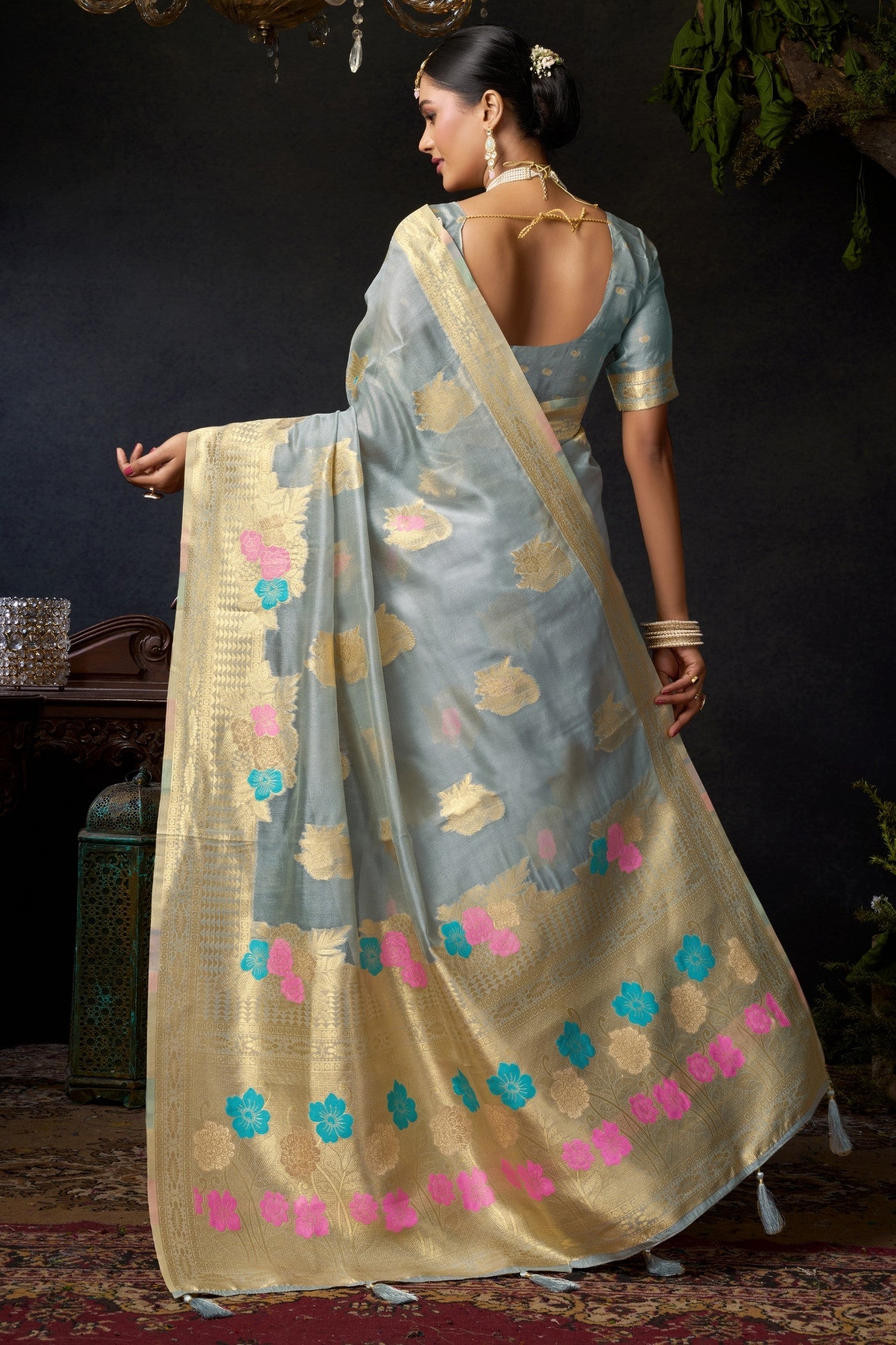 Buy MySilkLove Silver Grey Woven Banarasi Organza Saree Online