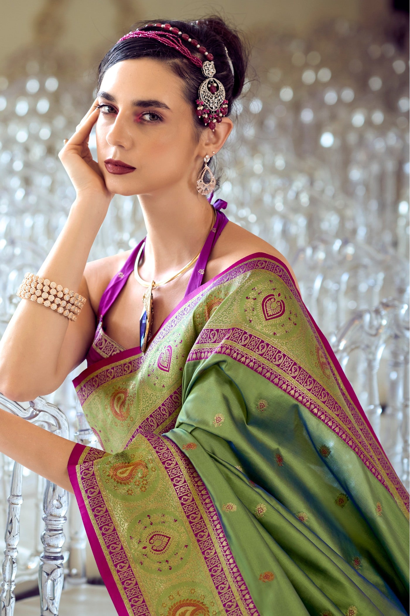 Buy MySilkLove Avocado Green Woven Banarasi Soft Silk Saree Online