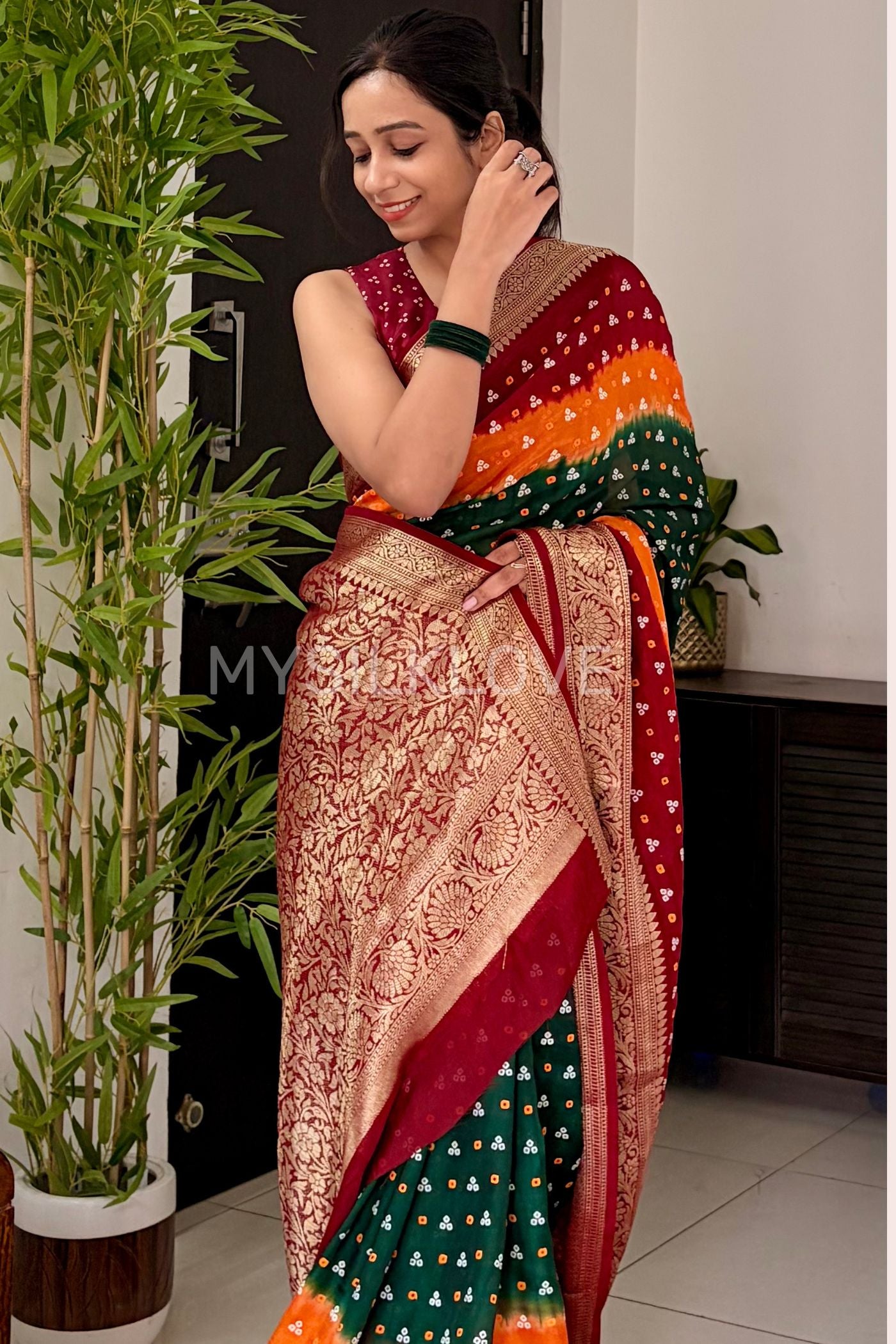 Buy MySilkLove Hunter Green and Orange Bandhani Zari Woven Silk Saree Online