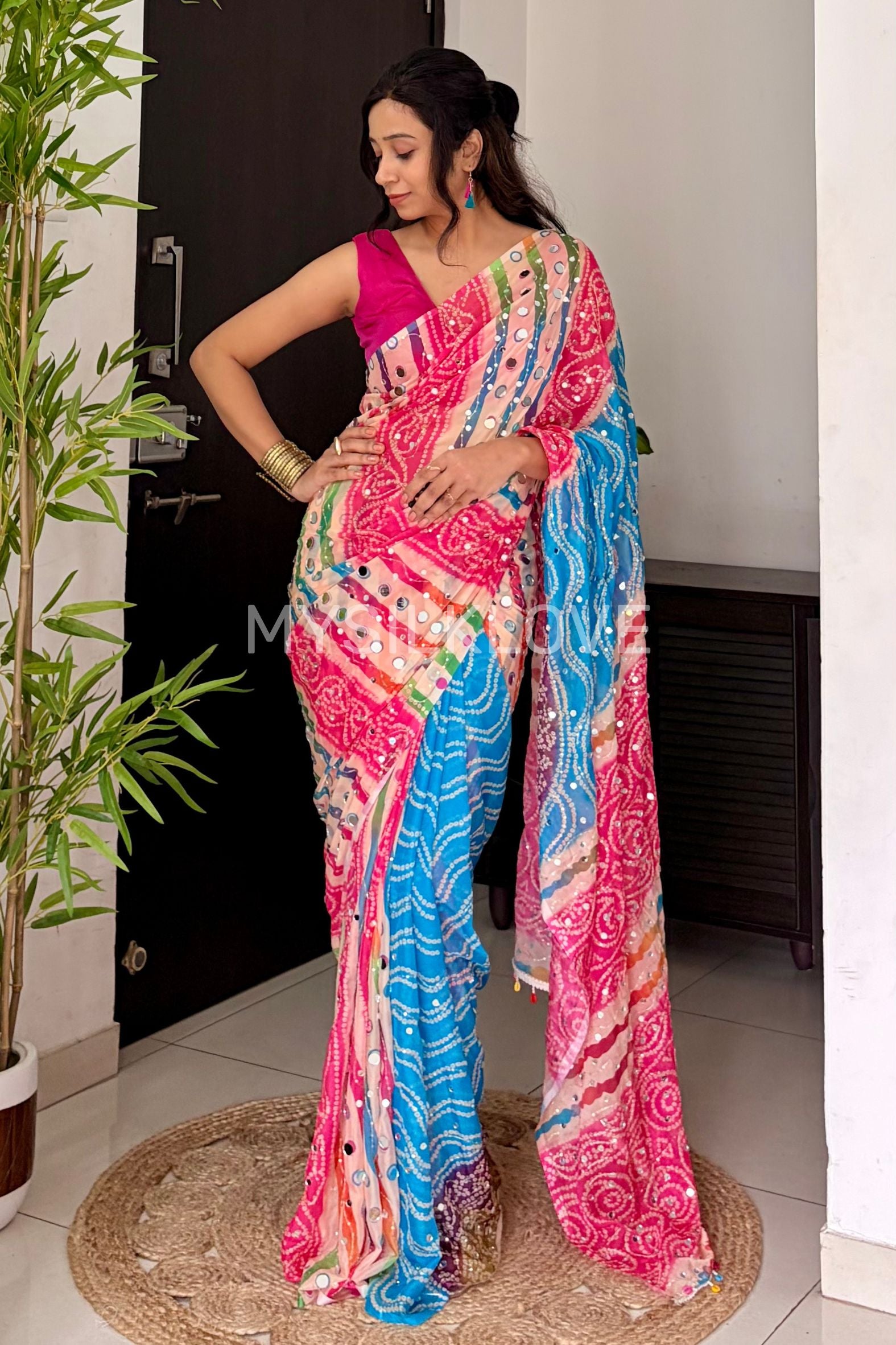 Buy MySilkLove Zareen Khan Inspired:  Pink and Blue Pure Georgette Mirror Work Saree Online