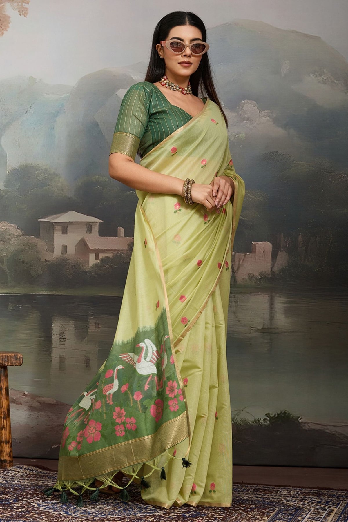 Buy MySilkLove Willow Green Cotton Handloom Swan Saree Online