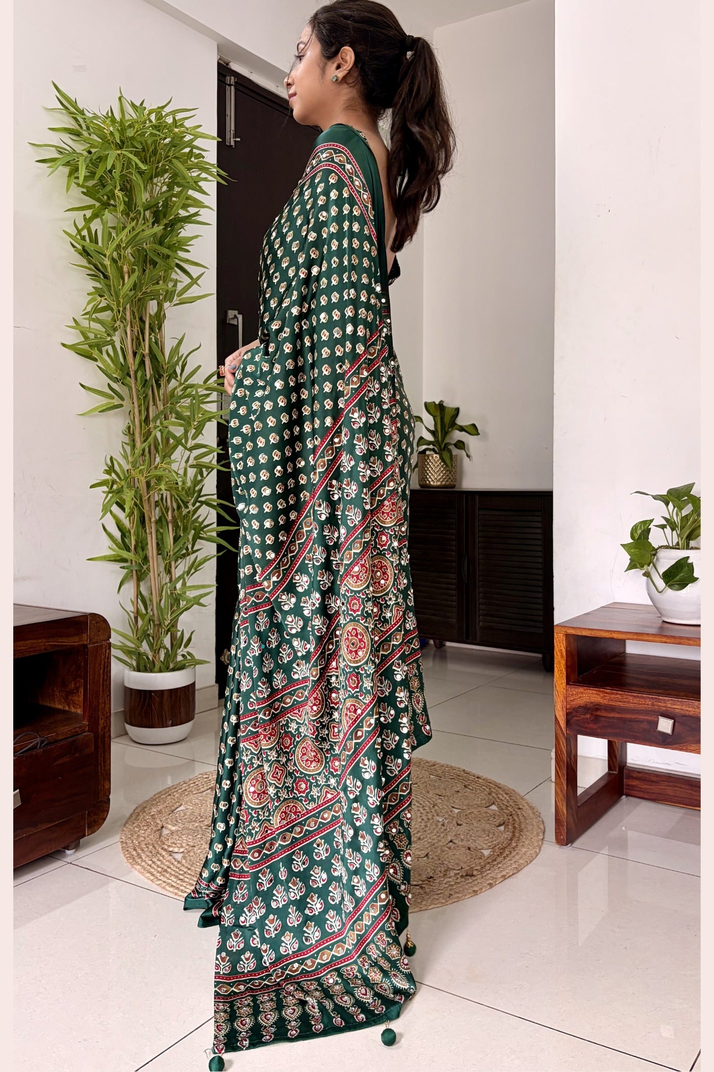 Buy MySilkLove Hunter Green Modal Ajrakh Satin Printed Mirror Work Saree Online