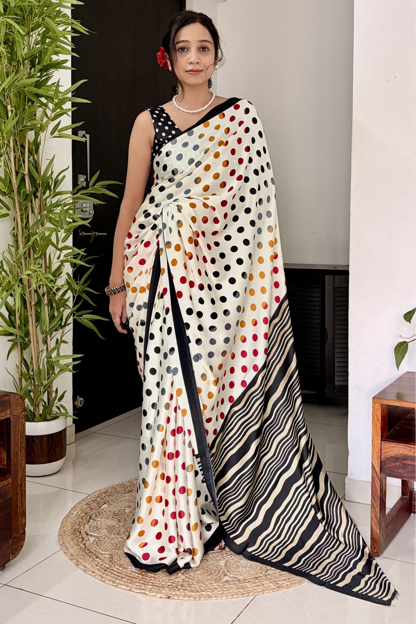 Buy MySilkLove Celestial White and Black Patola Printed Satin Crepe Saree Online