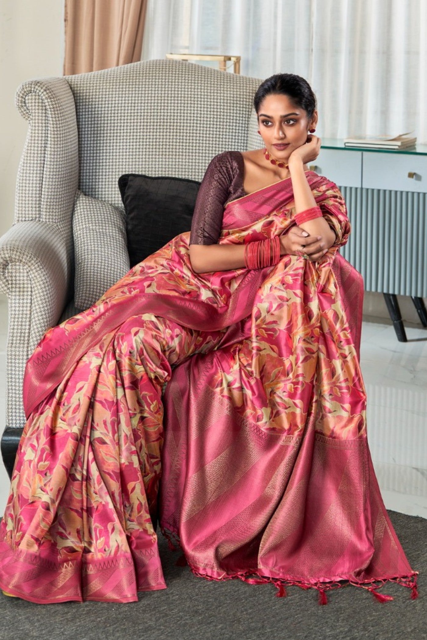 Buy MySilkLove Stiletto Pink Digital Printed Banarasi Saree Online