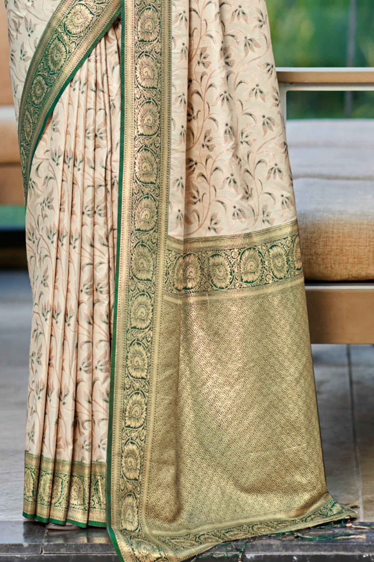 Buy MySilkLove Butter Cream and Green Woven Banarasi Saree Online