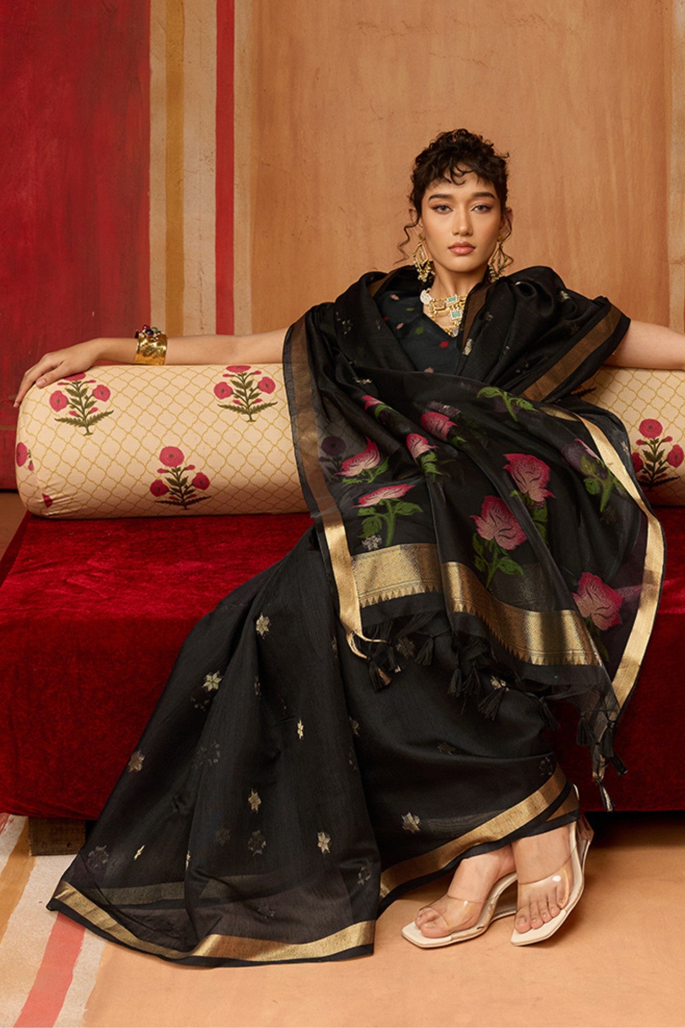 Buy MySilkLove Ace Black Handloom Muga Cotton Saree Online