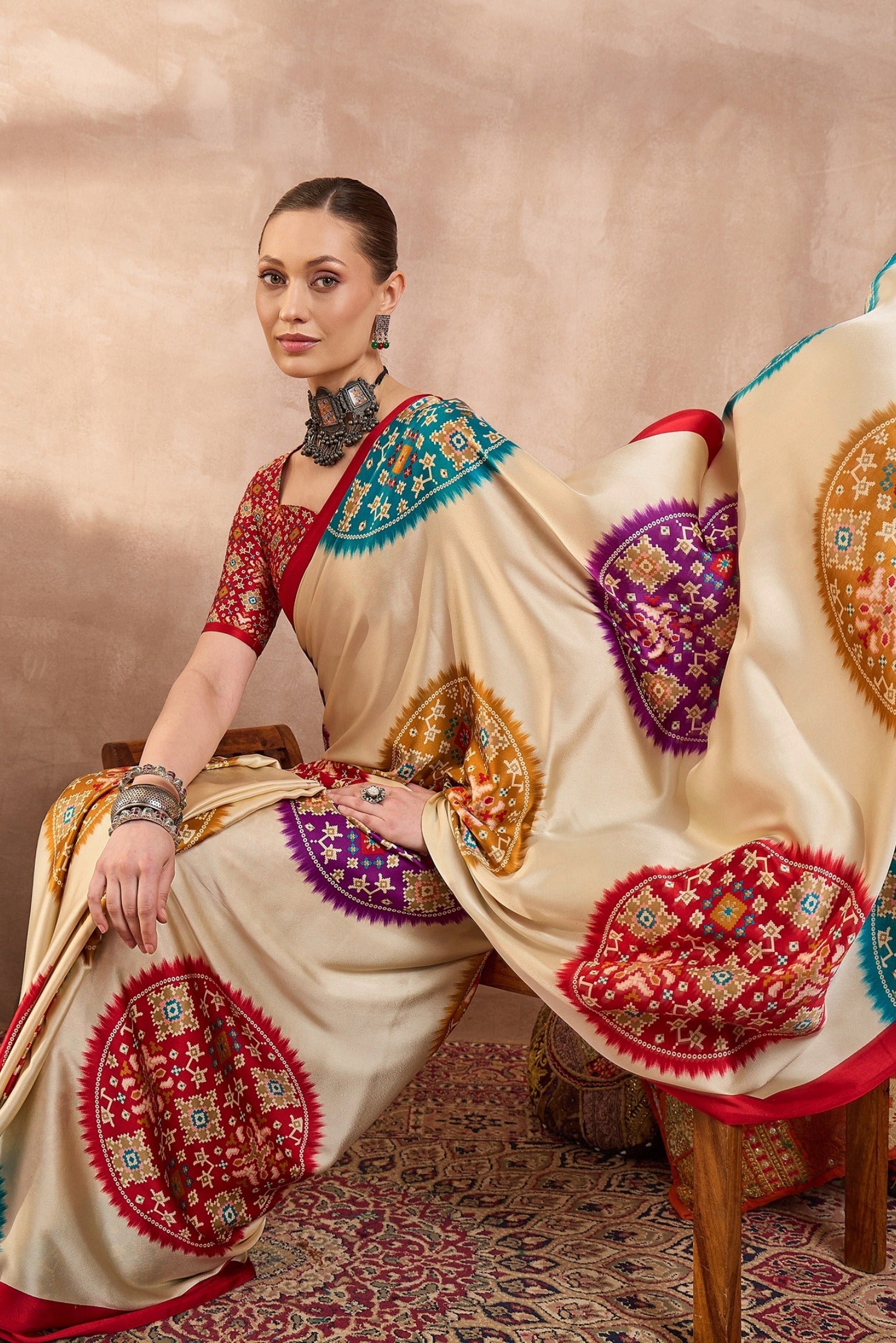 Buy MySilkLove Bright Cream and Red Modal Ajrakh Printed Silk Saree Online