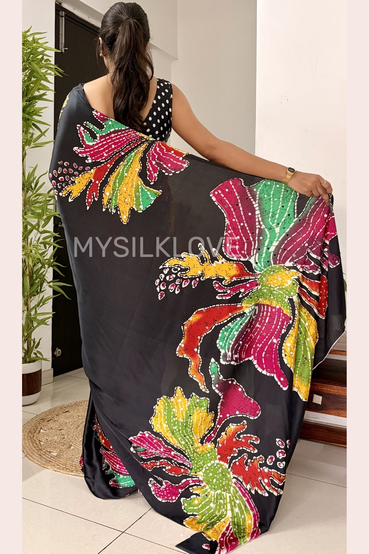 Buy MySilkLove Stone Black Bloom Floral Partywear Satin Silk Saree Without Blouse Online