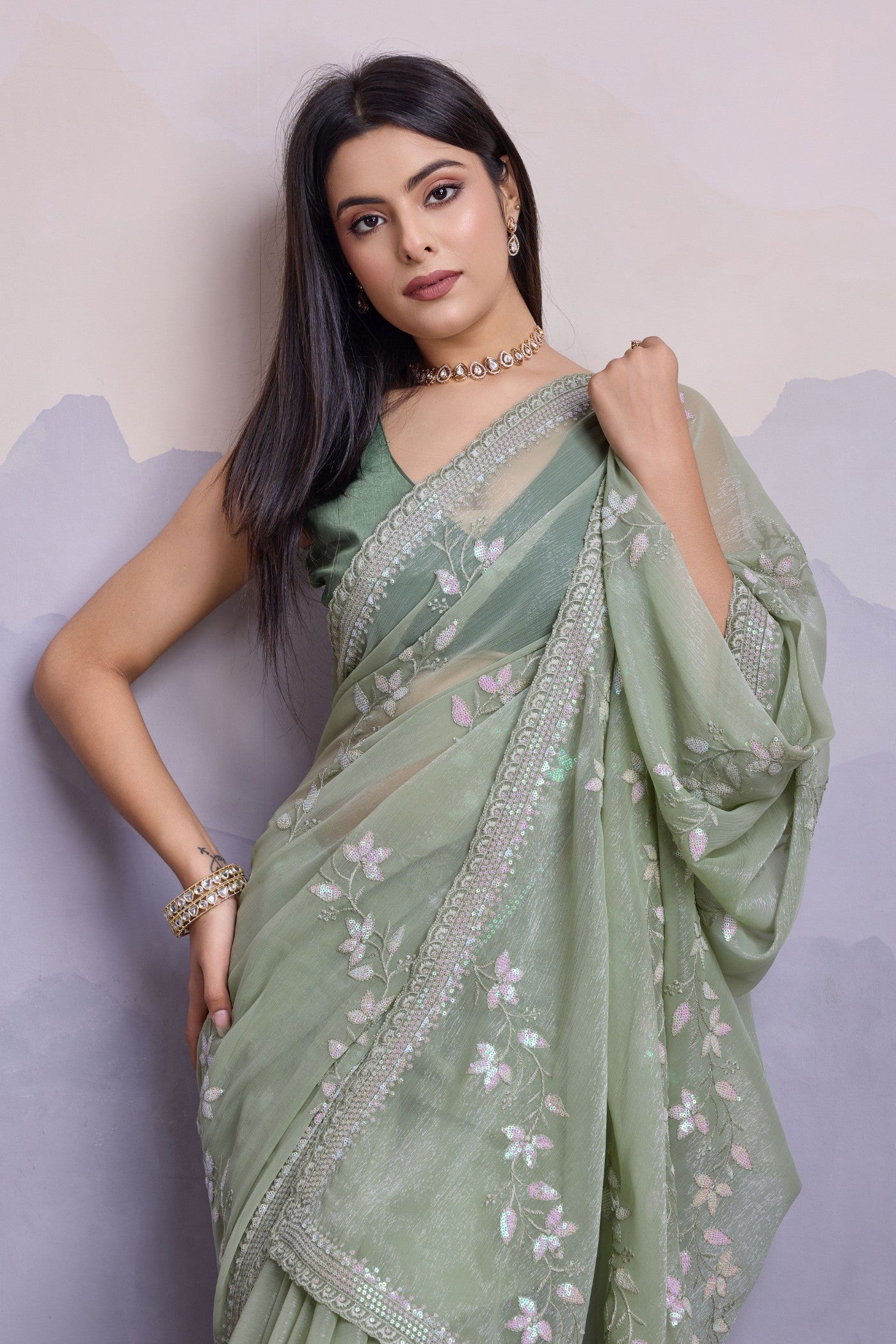 Buy MySilkLove Pastel Green Embroidered Designer Chiffon Saree Online