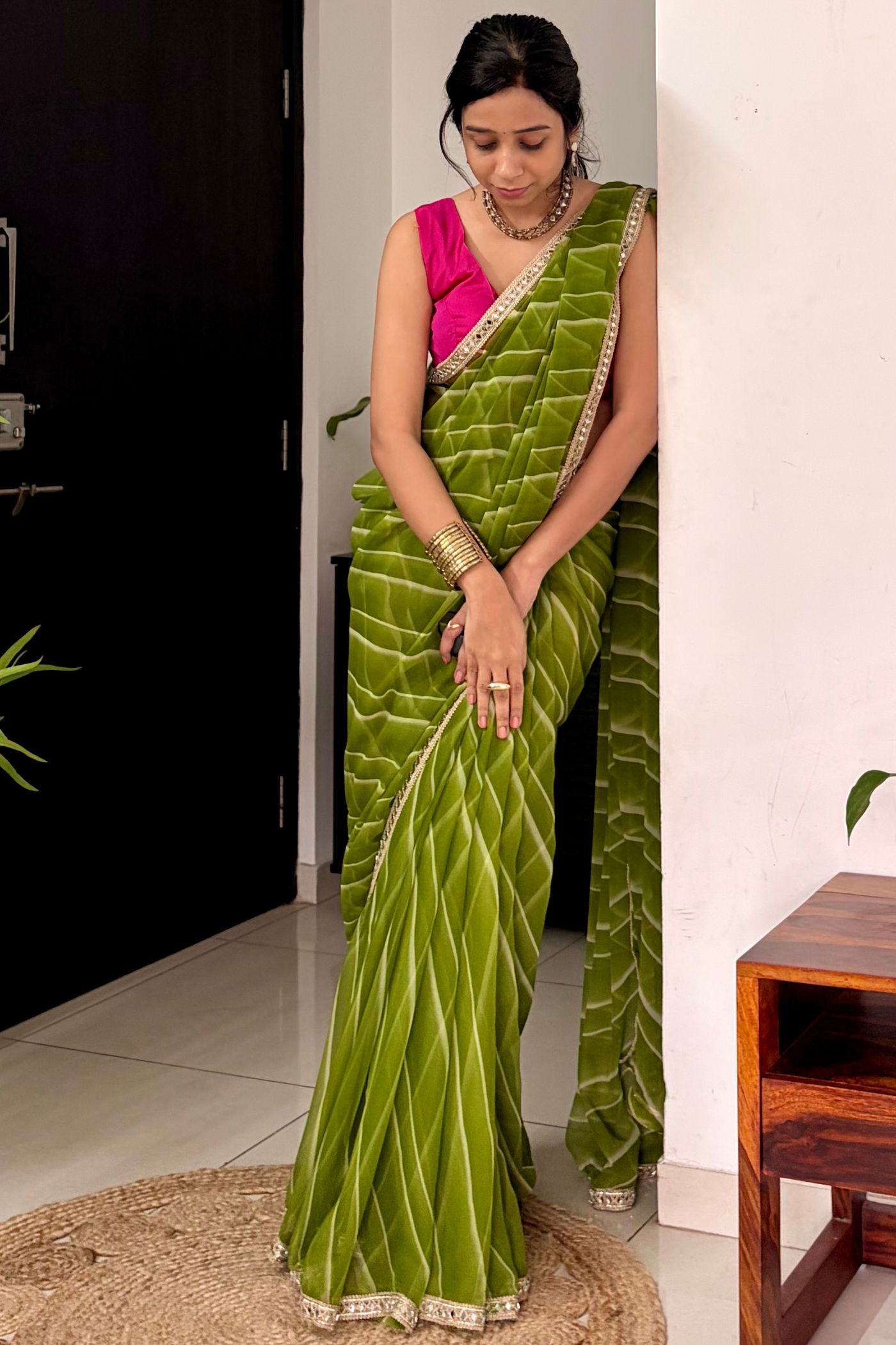 Buy MySilkLove Grass Green Designer Georgette Sraee Online