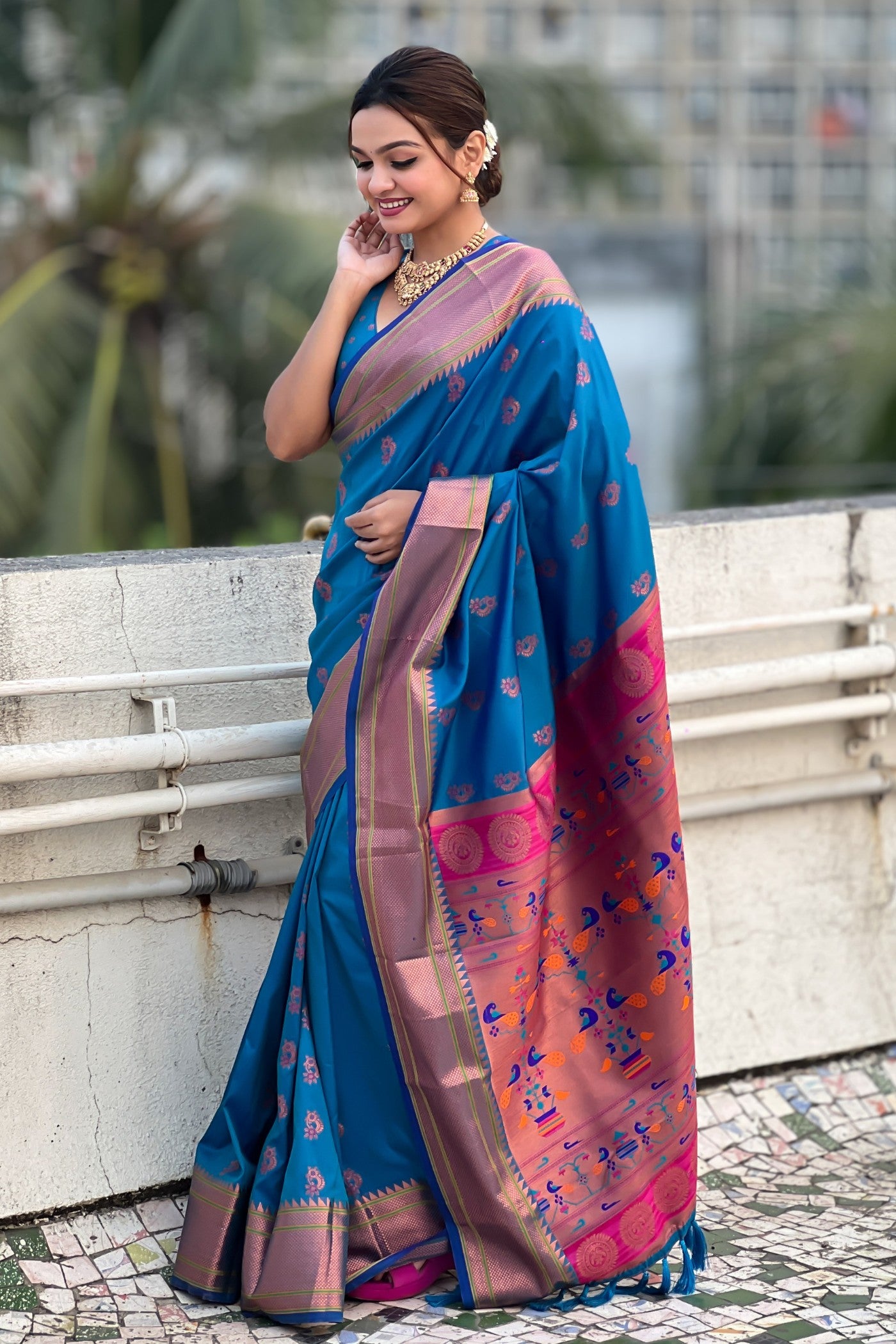 Buy MySilkLove Congress Blue Zari Woven Nath Paithani Saree Online