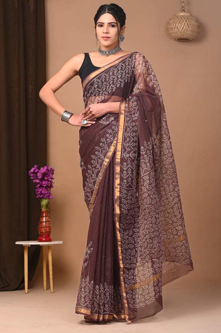 Buy MySilkLove Sepia Brown Handblock Kota Doriya Saree Online