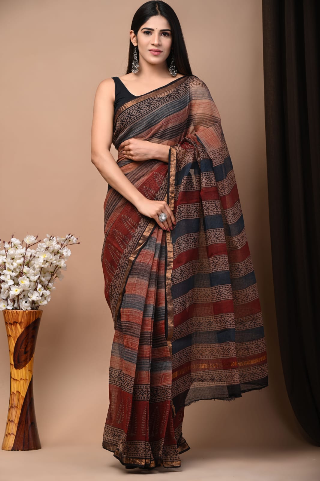 Buy MySilkLove Cocoa Bean Brown Handblock Kota Doriya Saree Online