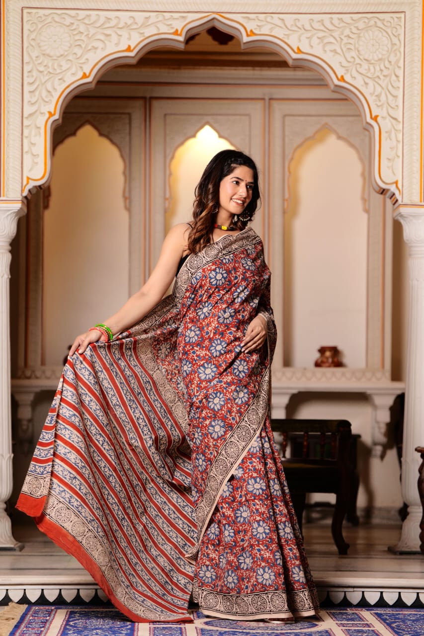 Buy MySilkLove Quicksand Brown Pure Cotton Handblock Printed Saree Online