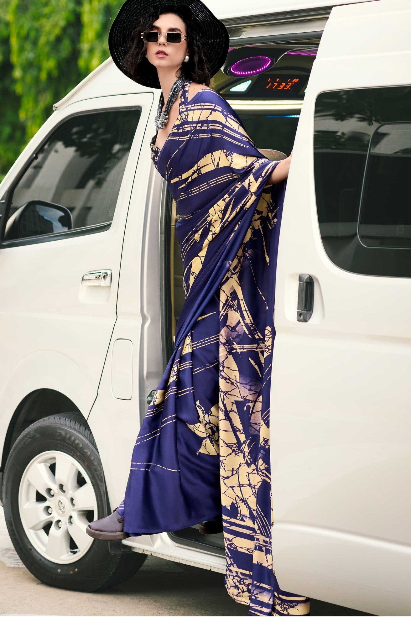 Buy MySilkLove Azure Blue Printed Satin Crepe Saree Online