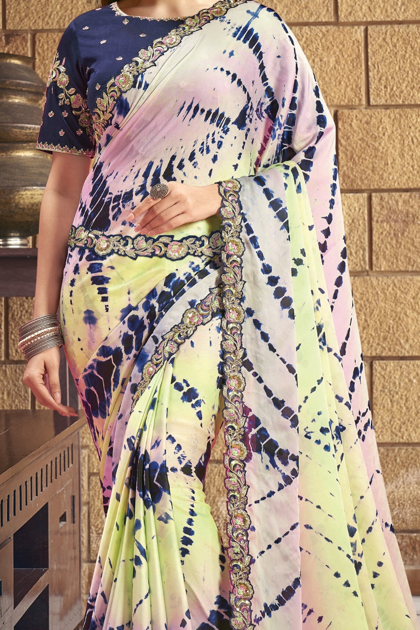 Buy MySilkLove Cupid Pink and Yellow Georgette Printed Silk Saree Online