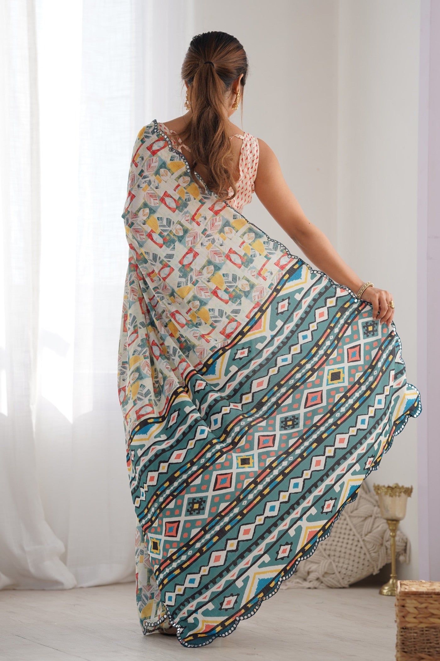 Buy MySilkLove Multicolor White Digital Printed Chinon Saree Online