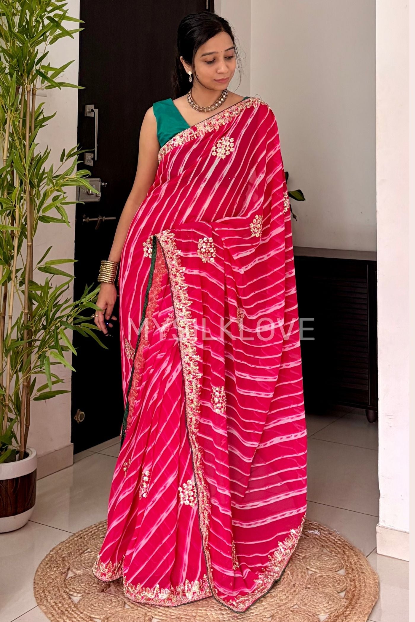 MySilkLove Scarlet Pink Designer Bandhani Saree with Designer Handwork Blouse