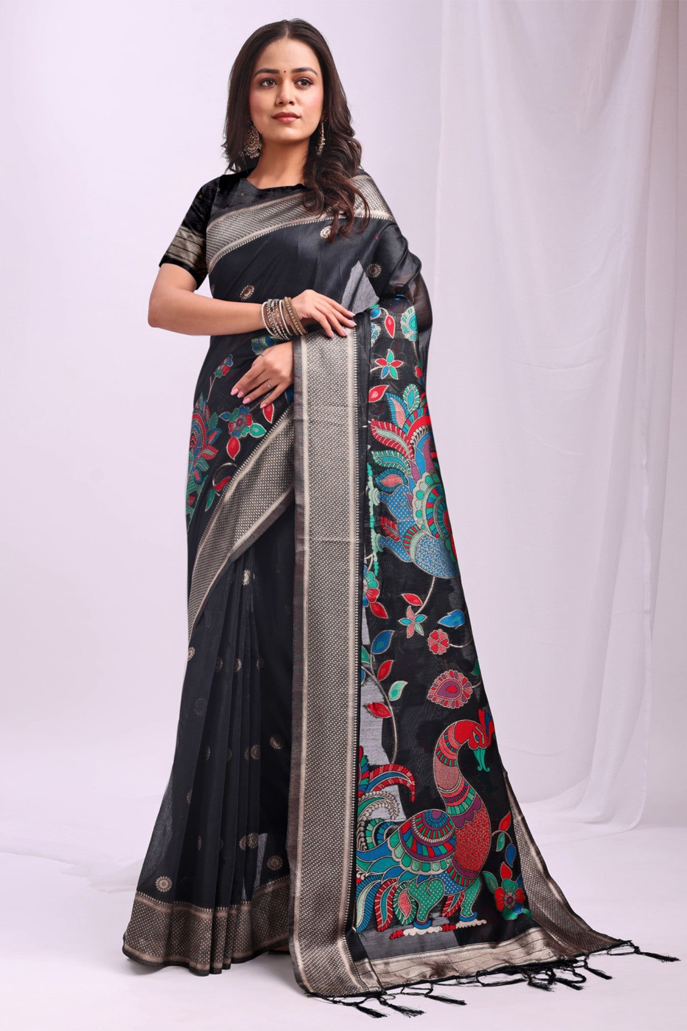 Buy MySilkLove Stone Black Woven Linen Cotton Saree Online
