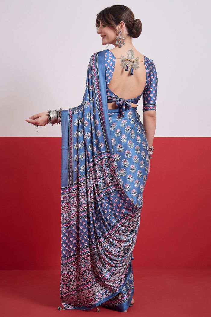 Buy MySilkLove Cloud Blue Modal Ajrakh Satin Printed Mirror Work Saree Online