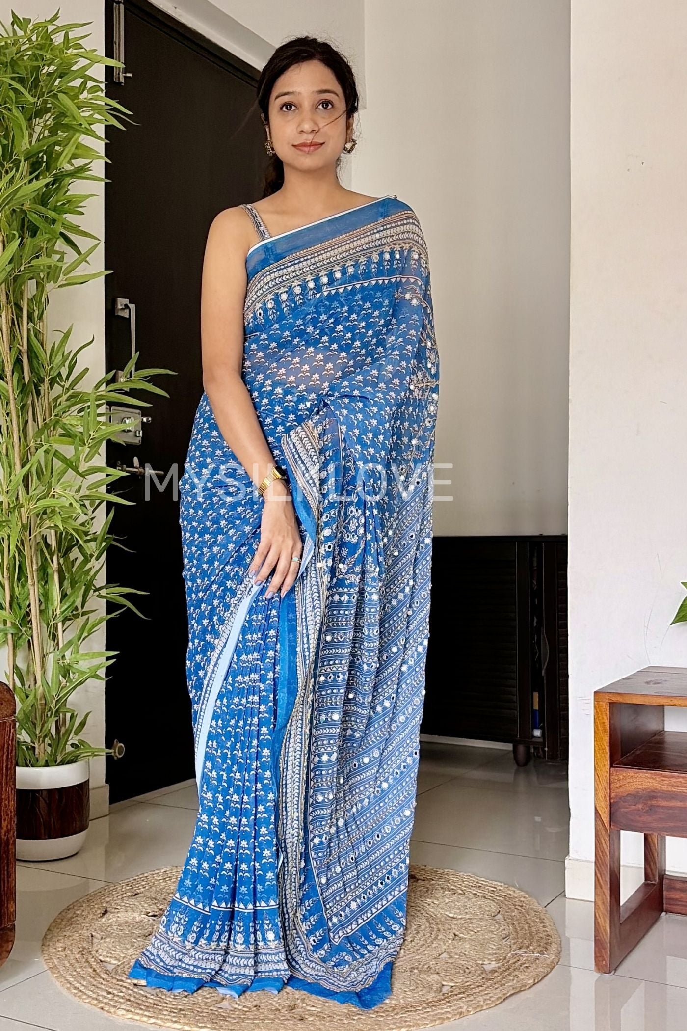 Buy MySilkLove Light Blue Ajrakh Georgette Mirror Work Saree Without Blouse Online
