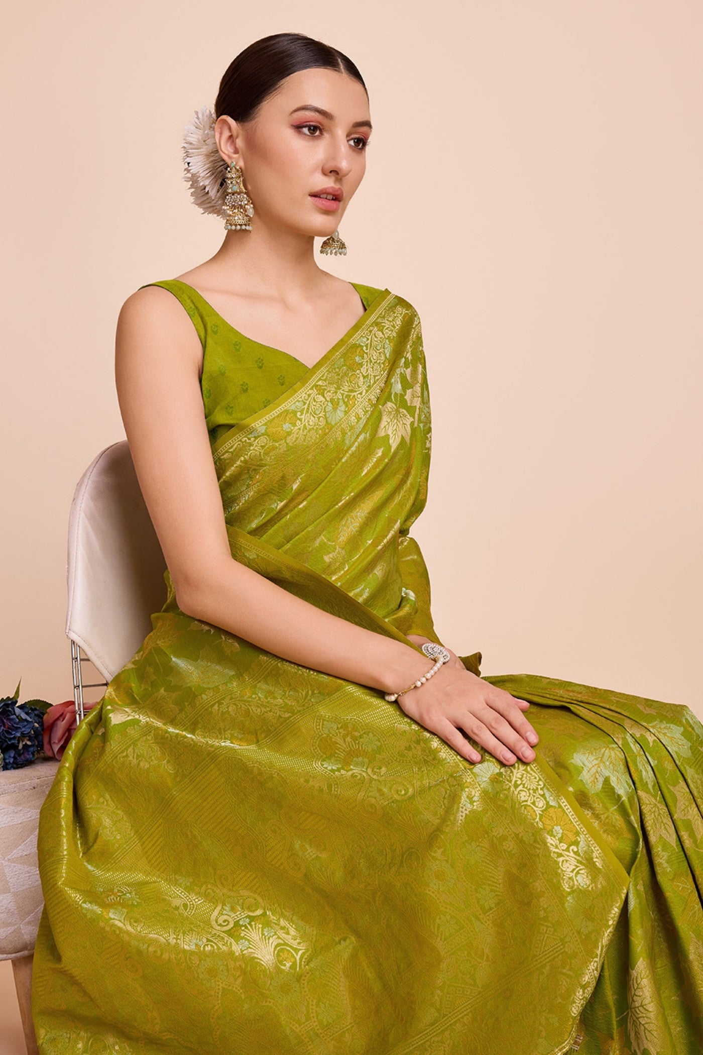 Buy MySilkLove Volt Green Banarasi Soft Silk Saree Online