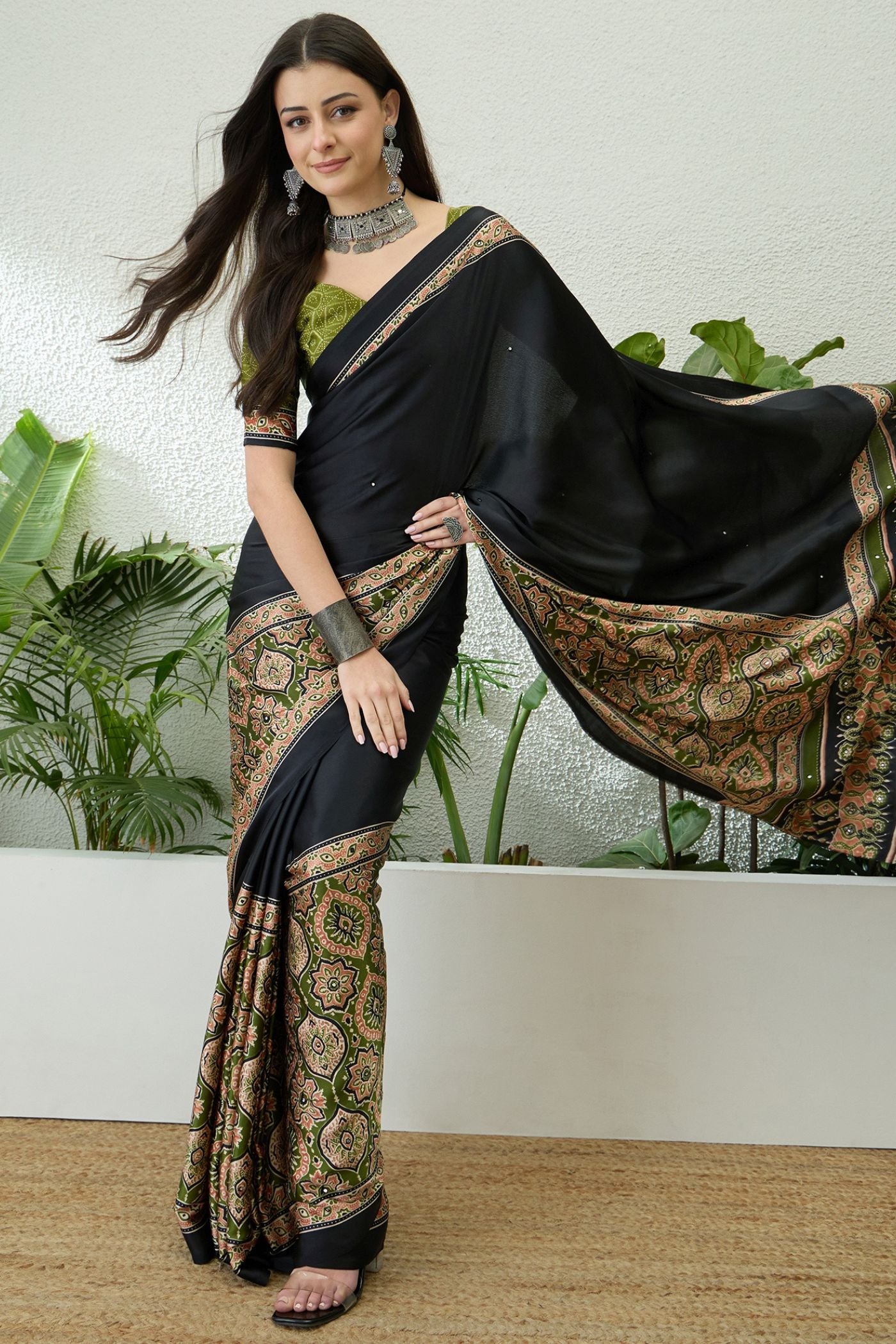 Buy MySilkLove Enigma Black and Green Modal Ajrakh Satin Printed Silk Saree Online