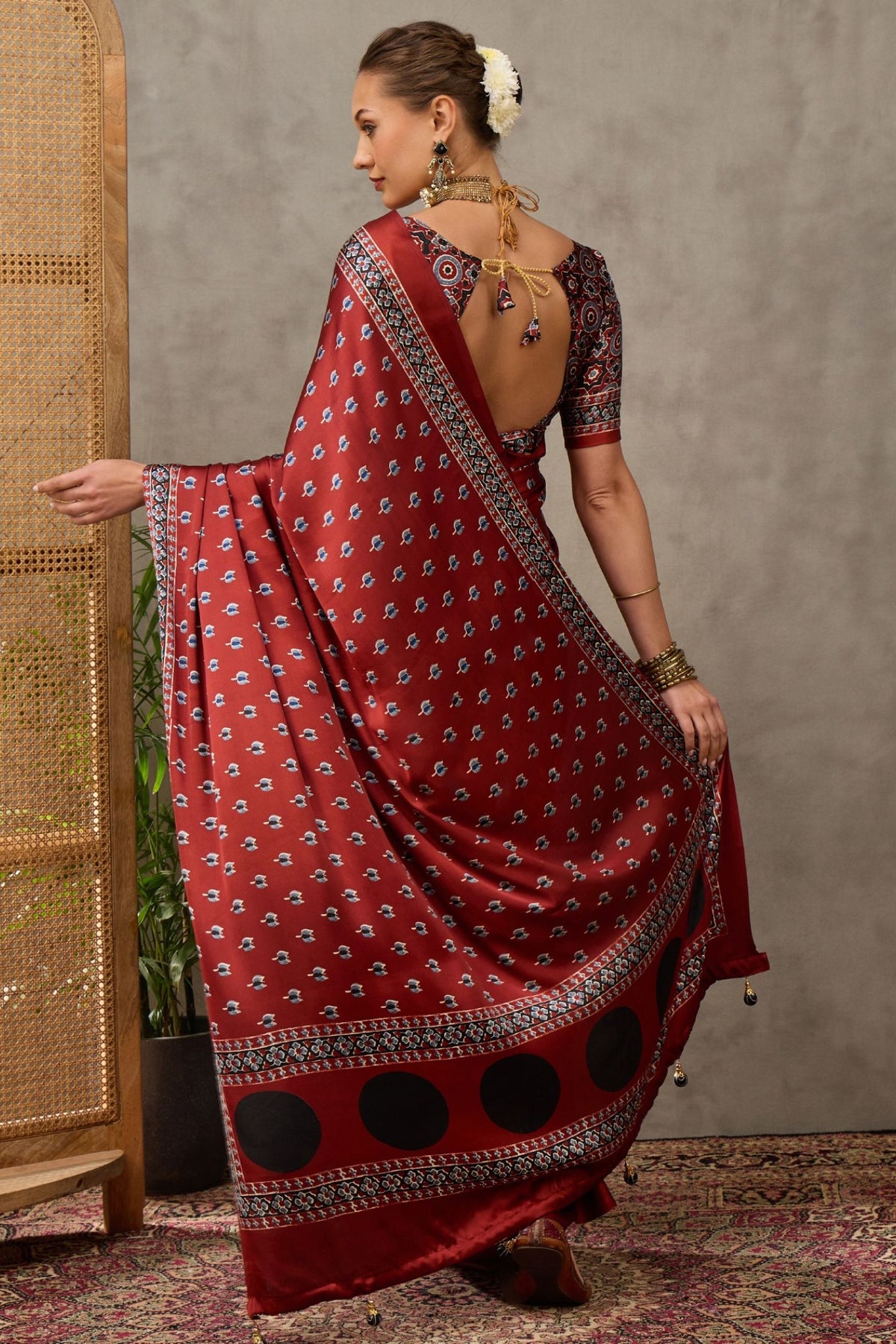 Buy MySilkLove Deep Maroon and Grey Modal Satin Printed Silk Saree Online