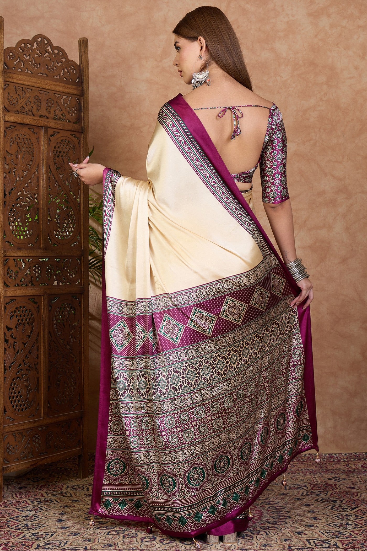 Buy MySilkLove Alabaster Cream and Purple Ajrakh Printed Satin Crepe Silk Saree Online