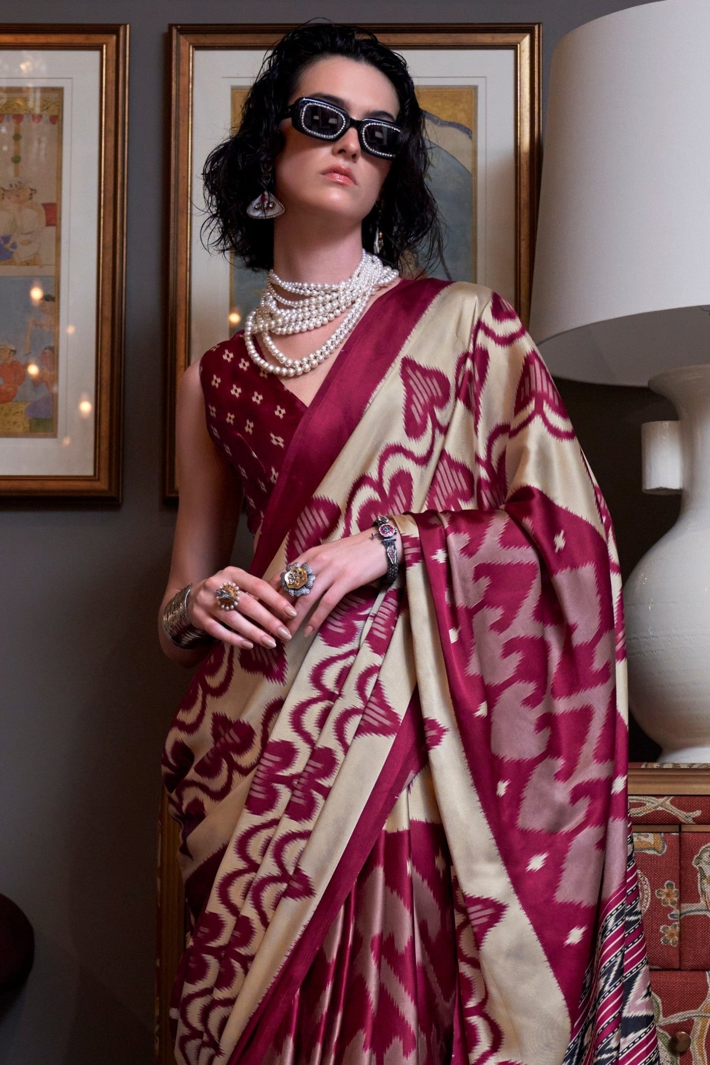 Buy MySilkLove Aesthetic Maroon Patola Printed Satin Crepe Saree Online