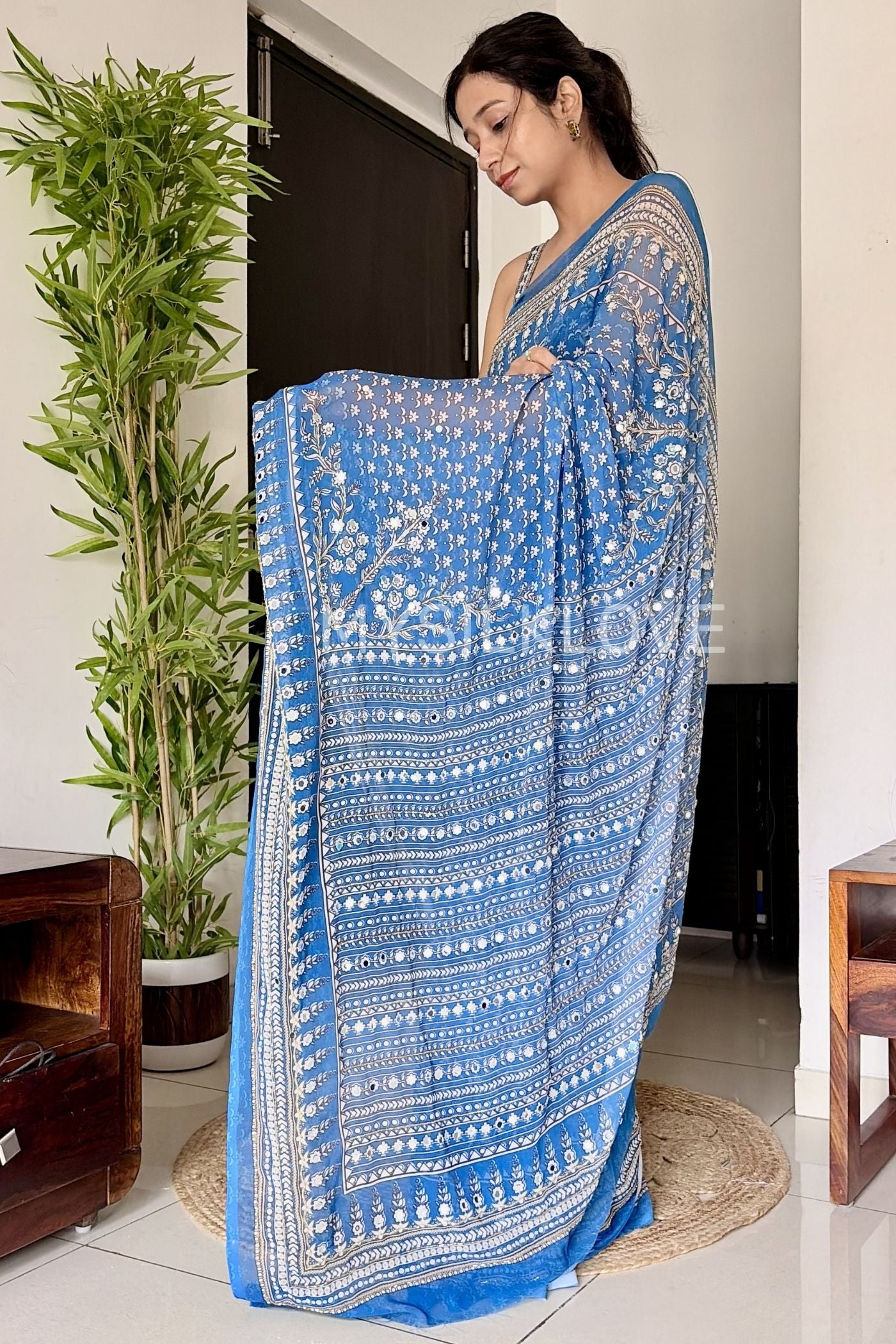 Buy MySilkLove Light Blue Ajrakh Georgette Mirror Work Saree Without Blouse Online